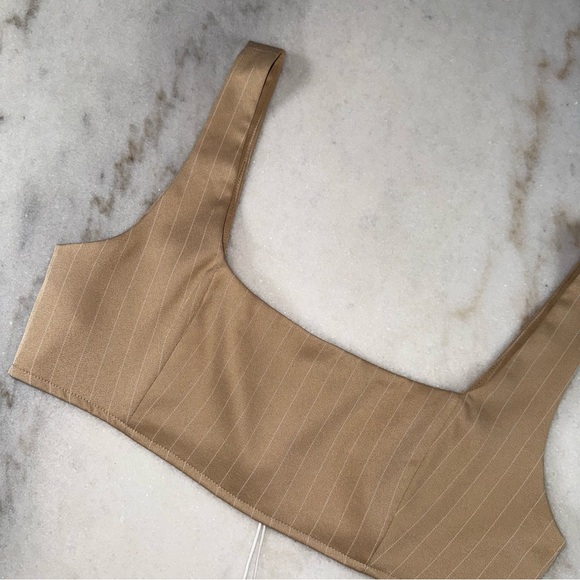 Princess Polly Beige Pinstripe Square Neck Crop Top - Picture 2 of 7